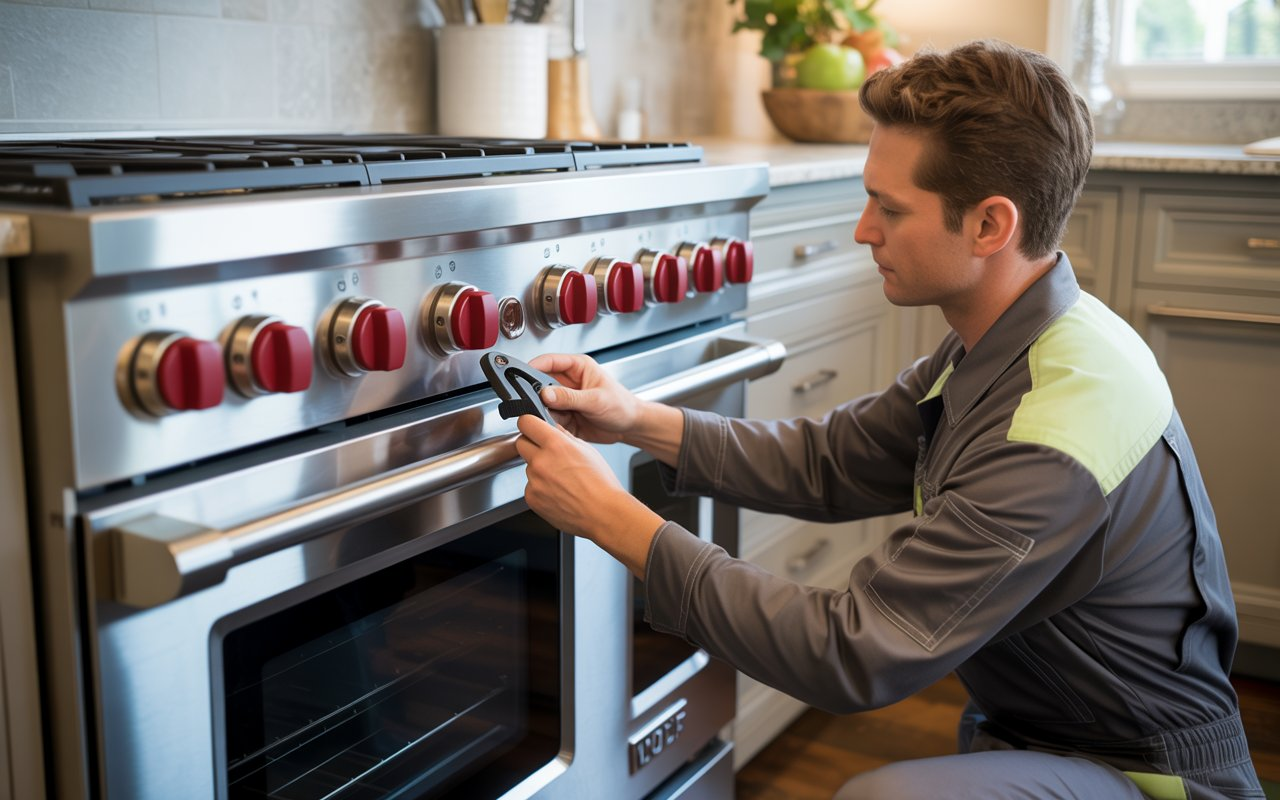 Technician repairing Wolf professional oven in luxury kitchen